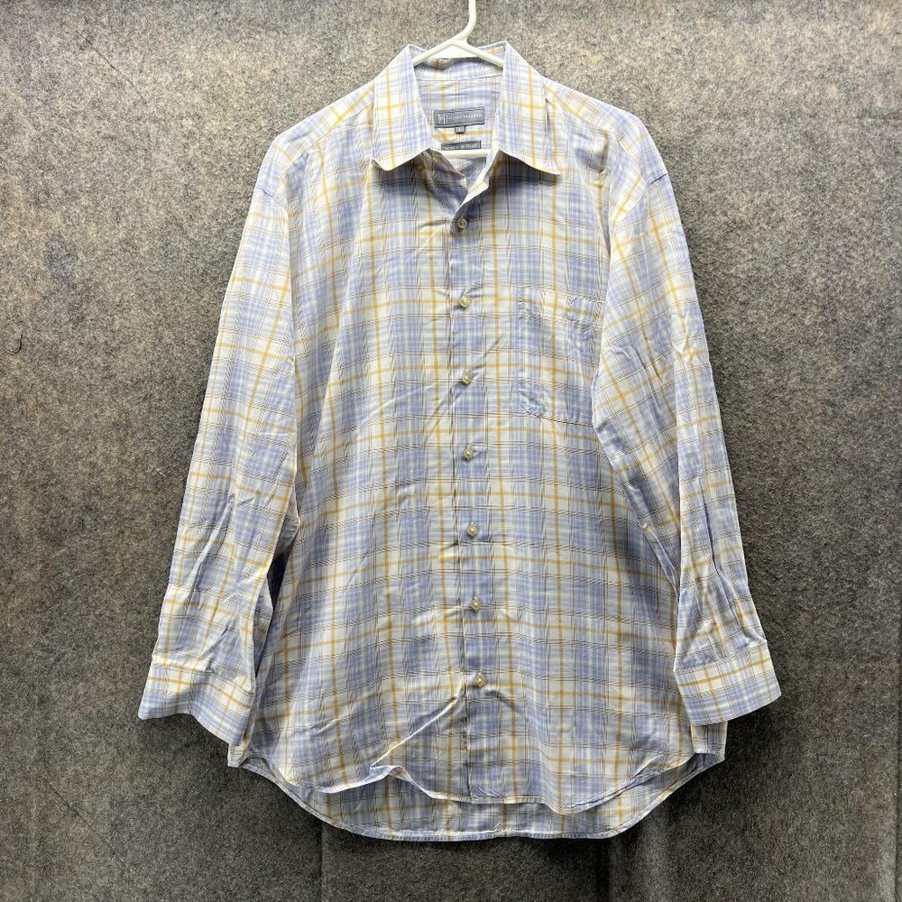 Hickey Freeman Shirt Men Large Blue Yellow Button Down Woven In Italy Check